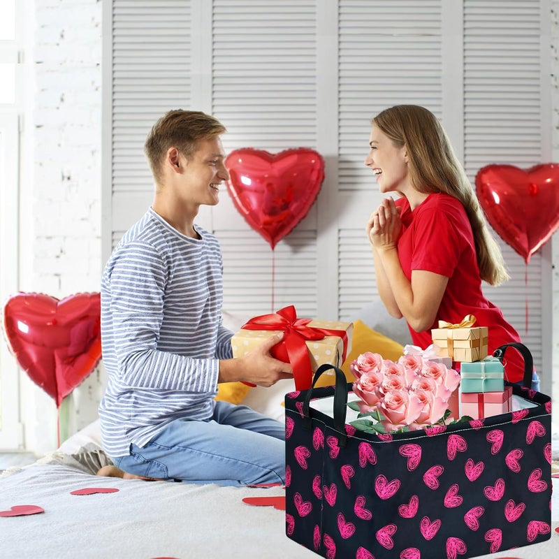 FUULOXE Rectangular Valentines Basket Storage Bin for Shelves Girls Gifts Baskets Foldable Box with Handles for Home Office Car Dormroom Valentine's Day Party Supplies - Image 4